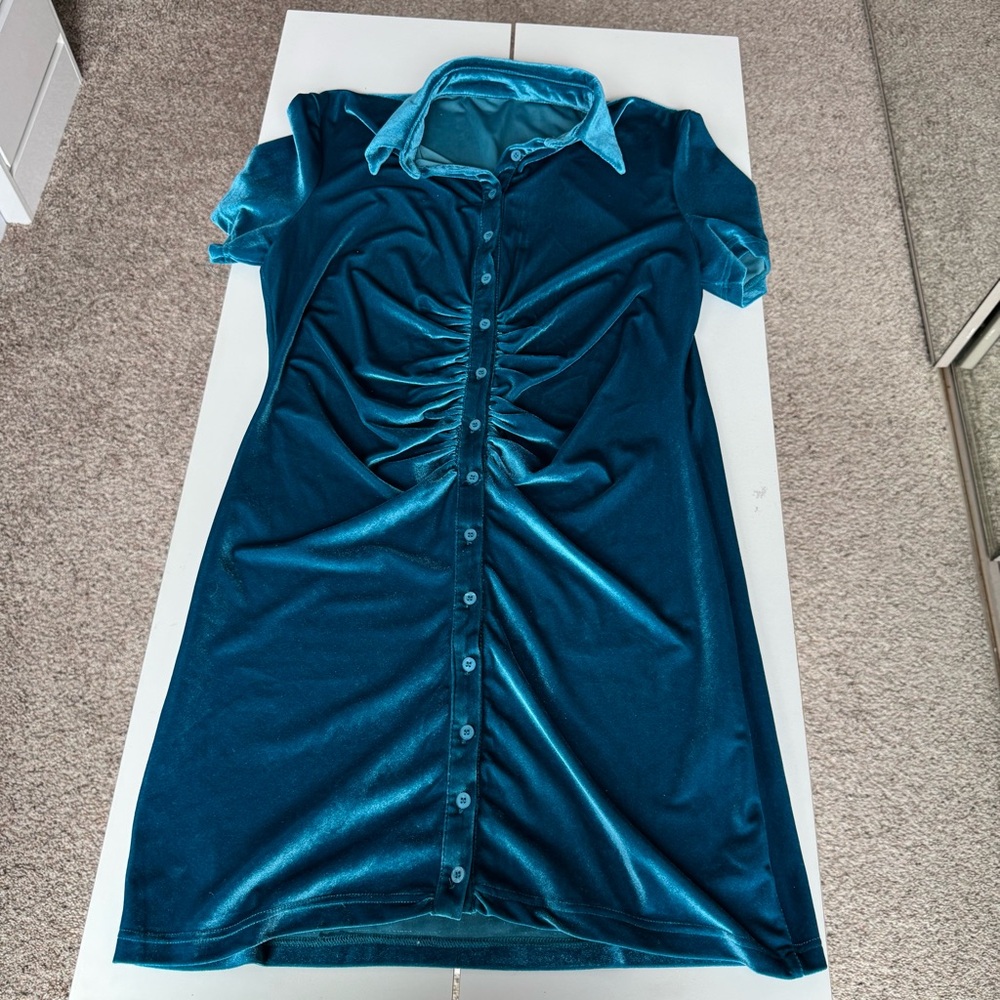 Blue Velvet Velour Button-Up Mini Dress size XL